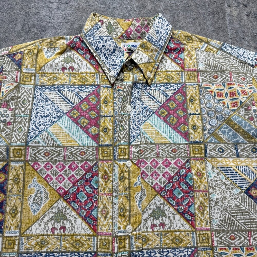 Vintage Reyn Spooner Hawaiian Aloha Shirt Men XL Yellow Red Tribal Geometric